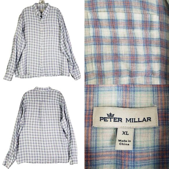 Peter Millar Shirt Men’s Size XL Blue Plaid Button Down Long Sleeve Linen - Picture 1 of 9